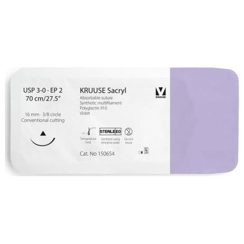 Sutura Sacryl 3/0 70cm Aguja 16mm 3/8  12u Kruuse