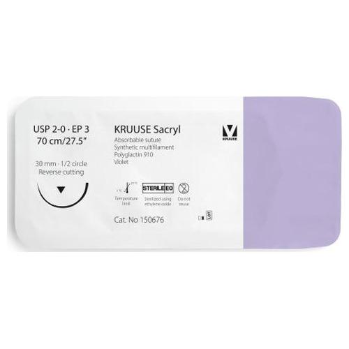 Sutura Sacryl 2/0 70cm Aguja 30mm 1/2 Triangular 12u Kruuse
