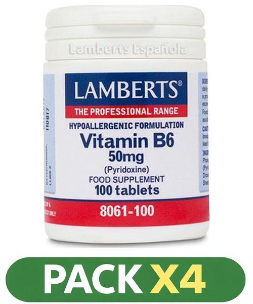 Pack x4 Vitamina B6 50 mg - Lamberts - 100 comprimidos