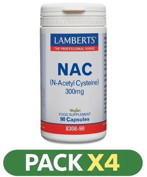 Pack x4 NAC (N-acetil-cisteina) 300 mg - Lamberts - 90 cápsulas