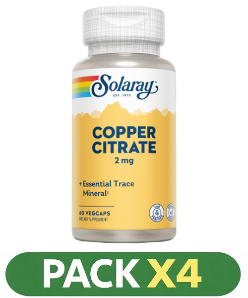 Pack x4 Copper (Cobre) Citrate 2 mg. - Solaray - 60 cápsulas
