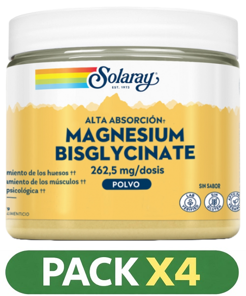 Pack x4 Polvo Magnesio Bisglycinate - Solaray - 179 gramos (68 Dosis)