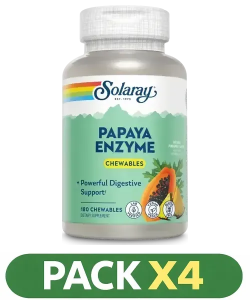 Pack x4 Papaya Enzyme - Solaray - 90 comprimidos masticables sabor Piña