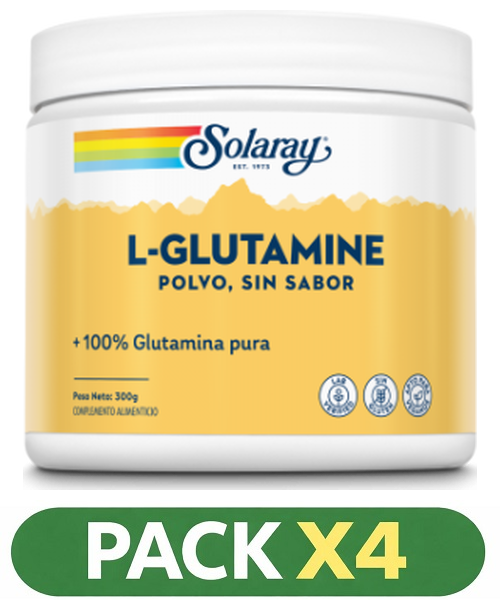 Pack x4 L-Glutamine Polvo - Solaray - 300 gramos (Neutro)