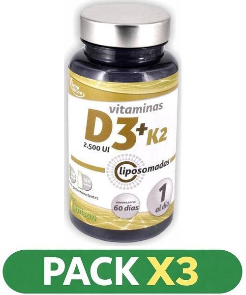 Pack x3 Vitaminas D3+K2 liposomadas - Pinisan - 60 cápsulas.