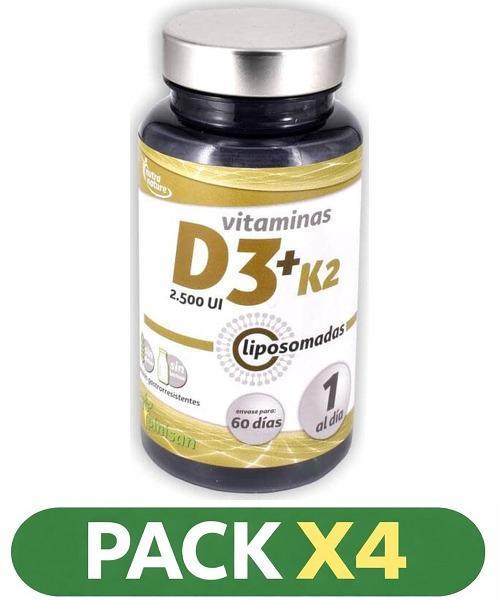 Pack x4 Vitaminas D3+K2 liposomadas - Pinisan - 60 cápsulas.
