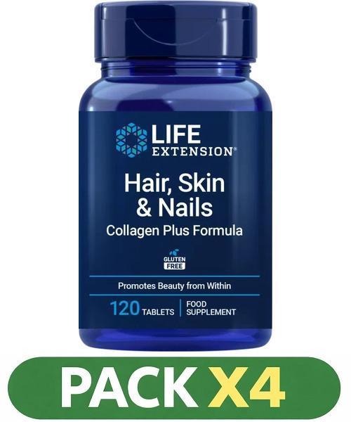 Pack x4 Hair, Skin & Nails Collagen Plus Formula Life Extension - 120 Comprimidos