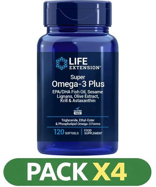 Pack x4 Super Omega-3 Plus Epa/dha Fish Oil, Sesame Lignans, Olive Extract, Krill & Astaxanthin Life Extension - 120 Perlas