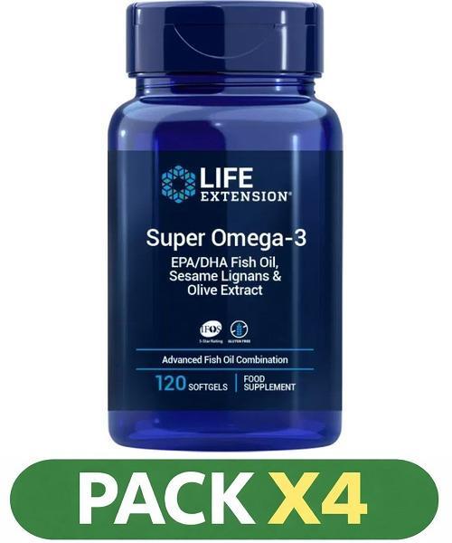 Pack x4 Super Omega-3 Epa/dha Fish Oil, Sesame Lignans & Olive Extract Life Extension - 120 Perlas