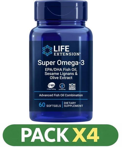 Pack x4 Super Omega-3 Epa/dha With Sesame Lignans & Olive Extract Life Extension - 60 Perlas