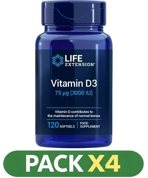 Pack x4 Vitamin D3, 3.000 Iu Life Extension - 120 Perlas