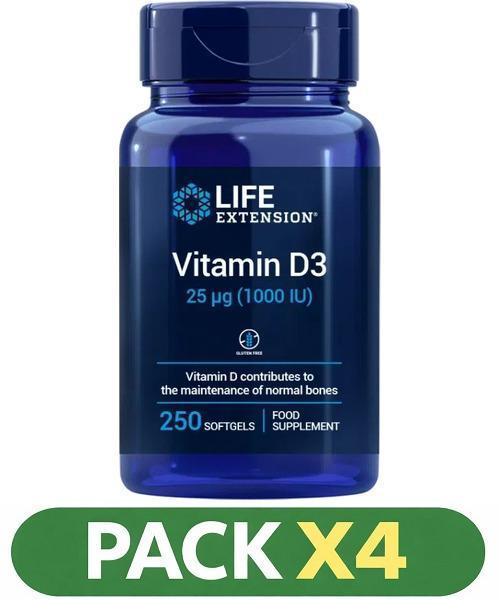 Pack x4 Vitamin D3, 1,000 Iu Life Extension - 250 Perlas