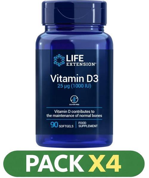 Pack x4 Vitamin D3 25 Mcg (1000 Iu) Life Extension - 90 Perlas